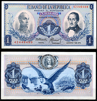 Колумбия 1 песо 1974 Симон Боливар, генерал Франсиско де Паула Сантандер Pick 404e  бумага  UNC (пресс) 447-70-7-1