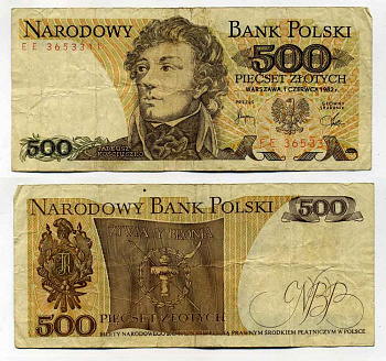 ПОЛЬША 500 ЗЛОТЫХ 1982 1 ИЮНЯ 1982, ТАДЕУШ КОСТЮШКО Pick 145d бумага 8588-1-2-2