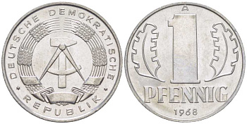ГДР 1 ПФЕННИГ 1968 А KM 8.1 алюминий 66-362