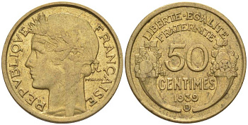 ФРАНЦИЯ 50 САНТИМОВ 1939 В, ТИП MORLON, МОНДВОР БРЮССЕЛЬ KM 894.2, LE FRANC 192.16 алюминиевая бронза 44-924