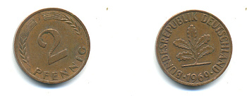 ФРГ 2 ПФЕННИГА 1969 J KM 106a, J.381a сталь плакированная сталь плакированная медьюю 176-669