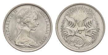 Австралия 5 центов 1982 Елизавета II (1952-2022) молодой портрет, ехидна KM 64 медно-никель UNC 4658-113
