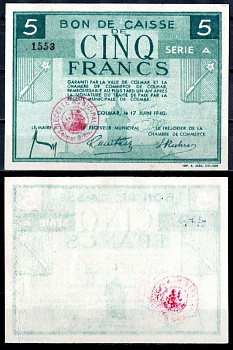 Франция, Кольмар 5 франков 1940 бумага UNC (пресс) 7183-11-1-2