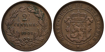 ЛЮКСЕМБУРГ 2 1/2 САНТИМА 1908 ВЕЛИКИЙ ГЕРЦОГ АДОЛЬФ (1890-1905) КМ 21 бронза 4538-816
