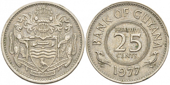 ГАЙАНА 25 ЦЕНТОВ 1977 РЕСПУБЛИКА KM 34 медно-никель 4448-643