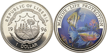 Либерия 1 доллар 1996 серия защита морской жизни, цветная эмаль KM 569 медно-никель PROOF 02-127-22