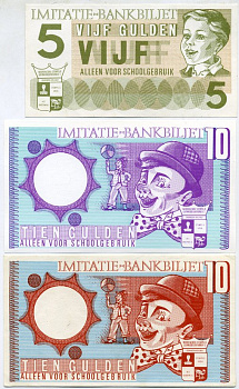 НИДЕРЛАНДЫ НАБОР ИЗ 6 БАНКНОТ ND 5, 10, 10, 25, 100, 1000 ГУЛЬДЕНОВ, (ШКОЛЬНЫЕ ДЕНЬГИ) ALLEN VOOR SCHOOLGEBRUIK бумага UNC (ПРЕСС) 7146-15-3-2