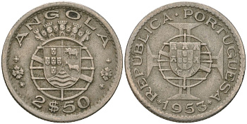 Ангола 2 1/2 эскудо 1953 KM 77 медно-никель 4621-646