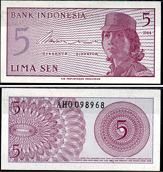 Индонезия 5 сенов 1964 девушка волонтер Pick 91 a  бумага  UNC (пресс) 7487-36-3-2