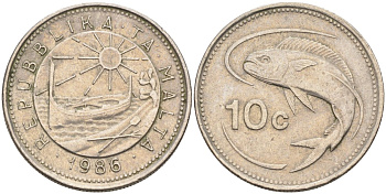 Мальта 10 центов 1986 золотая макрель KM 76 медно-никель 4588-158