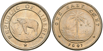 Либерия 1/2 цента 1941 KM 10a медно-никель UNC 4174-331