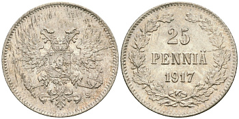 Россия для Финляндии 25 пенни 1917 S, временное правительство, без короны KM 19, Биткин 2 серебро aUNC 4580-1228