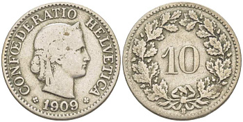 ШВЕЙЦАРИЯ 10 РАППЕНОВ 1909 В KM 27 медно-никель 4513-222