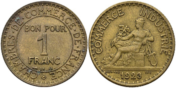Франция 1 франк 1923 KM 876, Le Franc 218.5 алюминиевая бронза 4142-725