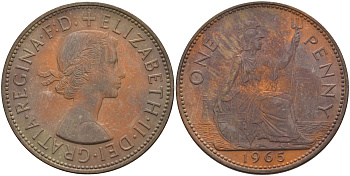 Великобритания 1 пенни 1965 Елизавета II (1952-2022) КМ 897, Spink 4157 бронза 4593-243
