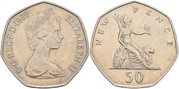 Великобритания 50 пенсов 1969 Елизавета II (1952-2022) KM 913, Spink 4223 (H1) медно-никель 4117-631