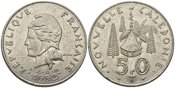 Французская Новая Каледония 50 франков 1992 хижина среди сосен и пальм, (IEOM) KM 13, Schoen 15, Lec 121 никель 111-516