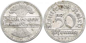 ГЕРМАНИЯ 50 ПФЕННИГОВ 1921 D KM 27, J. 301 алюминий 4539-743