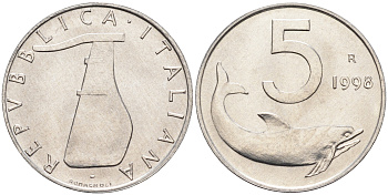 Италия 5 лир 1998 R, дельфин KM 92 алюминий  UNC  4594-925