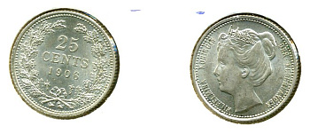 Нидерланды 25 центов 1906 Вильгельмина (1890-1948) KM 120.2 серебро 503-114