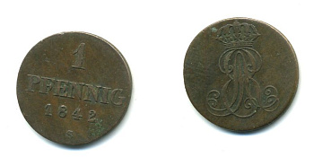 Ганновер 1 пфенниг 1842 S, Эрнст Август (1837-1851) KM 173.3, AKS 128, J. 54 медь 35-136
