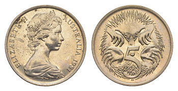 Австралия 5 центов 1981 Елизавета II (1952-2022) молодой портрет, ехидна KM 64 медно-никель UNC 4152-523