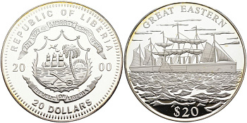 Либерия 20 долларов 2000 пароход "GREAT EASTERN" KM 658 серебро PROOF 11-155-12