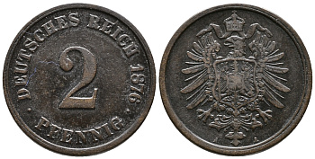 Германия 2 пфеннига 1876 A, старогербовка KM 2, Jager 2, Weege 3 медь 39-1233