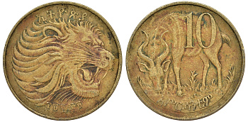 Эфиопия 10 центов 1969 лев, гора, антилопа KM 45.1 медь цинк 4163-1122