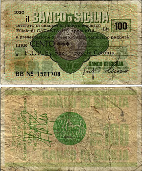 Италия чек на 100 лир 1976 2 апреля 1976, IL Banca Di Sicilia бумага 7203-42-2-1