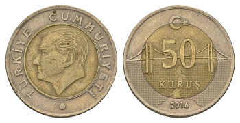 Турция 50 курушей 2016 Кемаль Ататюрк KM 1243 биметалл 4390-757