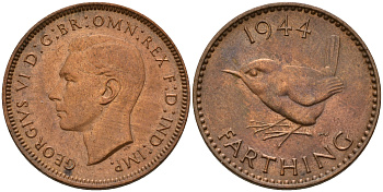 Великобритания 1 фартинг 1944 Георг VI (1936-1952) KM 843, Spink 4116 бронза  UNC  4602-734