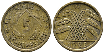 Германия 5 рейхспфеннигов 1925 A KM 39, J. 316, Weege 7 алюминиевая бронза 39-551