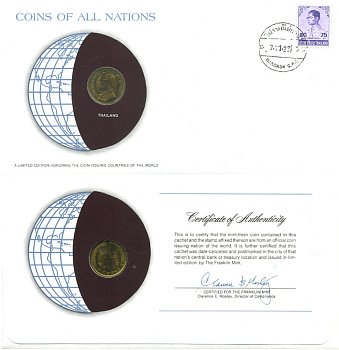 ТАИЛАНД 25 САТАНГОВ 1977 конверт с маркой первого дня гашения, Coins of Nations KM 109 латунь UNC 4294-73-1