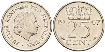 Нидерланды 25 центов 1967 Юлиана (1949-1980) KM 183 никель    4174-653