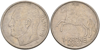Норвегия 1 крона 1966 лошадь, Улаф V (1958-1991) KM 409 медно-никель 4571-211