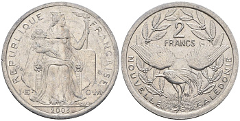 Французская Новая Каледония 2 франка 2003 птица кагу, (IEOM) KM 14, Schoen 11, Lec 68h алюминий    25-1453