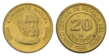 Перу 20 сентимо 1986 Мигель Грау Семинарио KM 294 латунь UNC 4674-1055