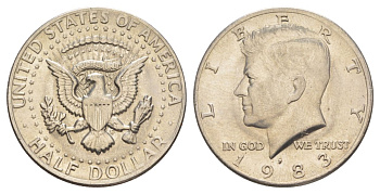 США 1/2 доллара (50 центов) 1983 P, Джон Кеннеди KM A202b медь плакированная медно-никелем aUNC 180-935