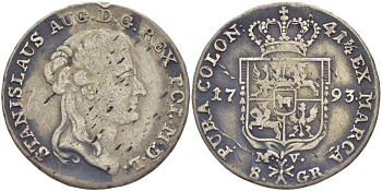 Польша 8 грошей (2 злотых) 1793 MV, Станислав II Август Понятовский (1764-1794), вес 9,19 г KM 209.1 (C54), Kopinski 412.7 серебро 00-812-16