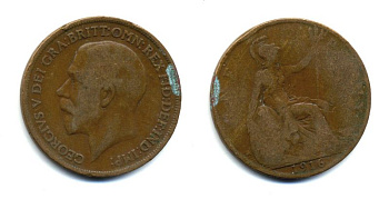 Великобритания 1 пенни 1916 Георг V (1910-1936) КМ 810, Spink 4051 бронза 47-124