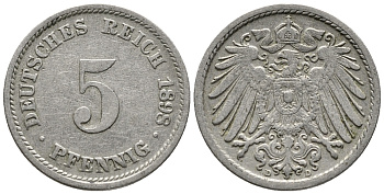 ГЕРМАНИЯ 5 ПФЕННИГОВ 1898 D KM 11, J. 12 медно-никель 39-734