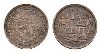 Нидерланды 1/2 цента 1917 Вильгельмина (1890-1948) KM 138 бронза 4674-1068