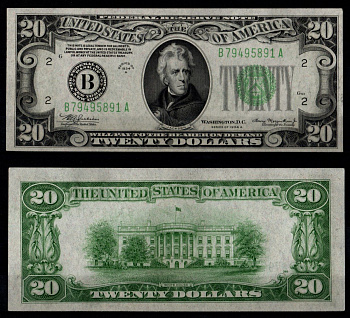 США 20 долларов 1934 Президент Эндрю Джексон. Белый дом, Вашингтон, округ Колумбия Pick 431 D, Fr. 2055-B бумага UNC (пресс) 451-1277-1