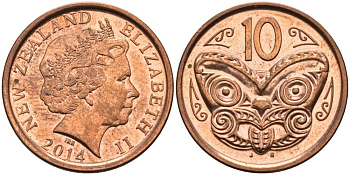 Новая Зеландия 10 центов 2014 маска Маори, Елизавета II (1952-) KM 117а сталь плакированная медью 73-1046