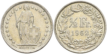 Швейцария 1/2 франка 1962 B KM 23 серебро 4608-521