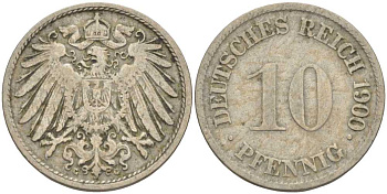 ГЕРМАНИЯ 10 ПФЕННИГОВ 1900 G KM 12, J. 13 медно-никель 4401-1155