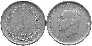 Турция 1 лира 1960 Мустафа Кемаль Ататюрк KM 889а.1 нержавеющая сталь 4541-1223