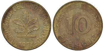 ФРГ 10 пфеннигов 1978 J KM 108, J. 383 сталь плакированная латунью 62-345