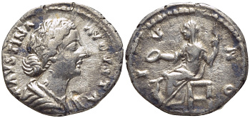 Римская Империя денарий 146 - 176 Фаустина Младшая, жена Марка Аврелия IVNO, сидящая Юнона, Рим Very fine RIC 689 серебро 1073-15-63